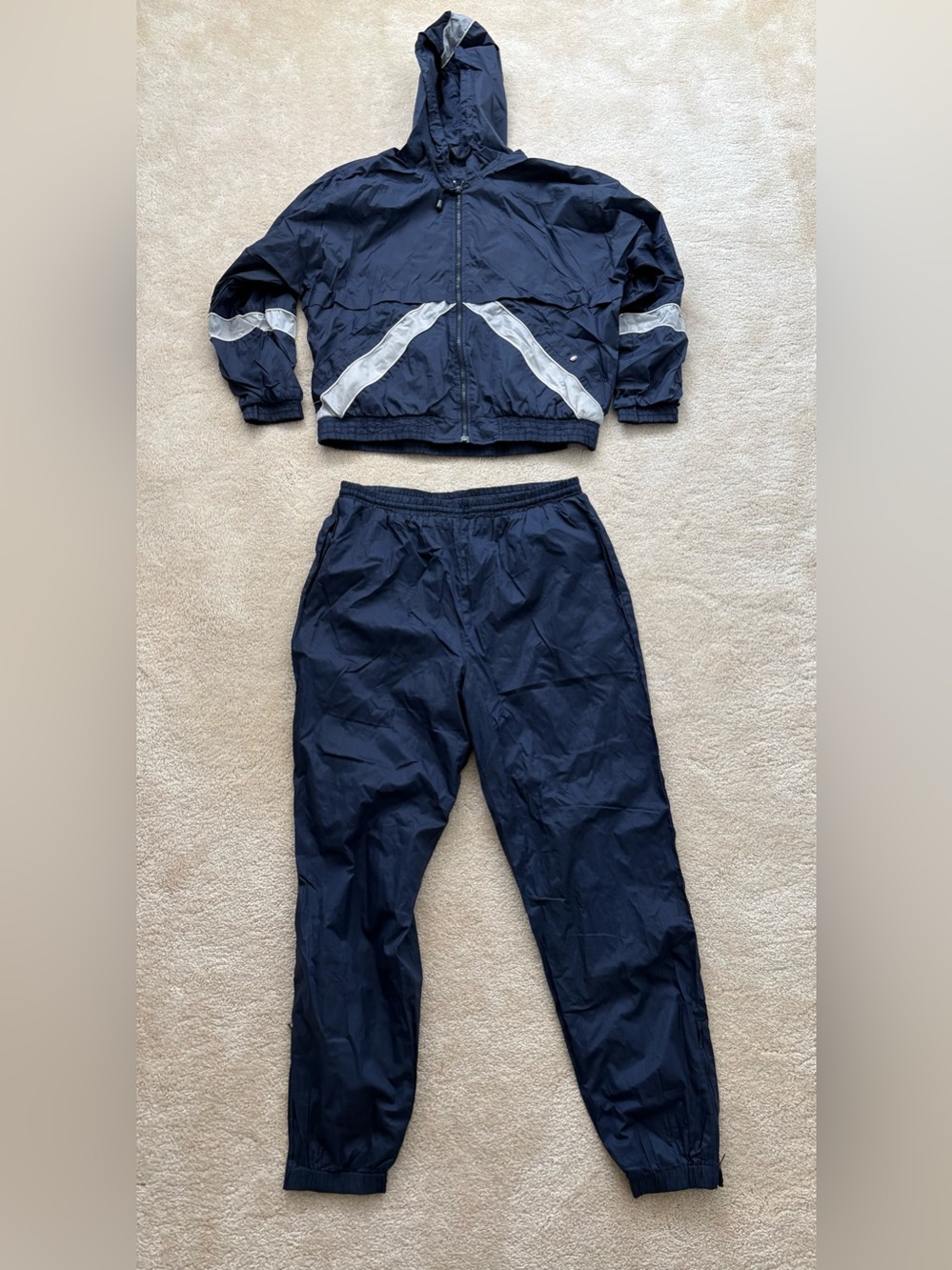 Vintage Sport Essentials navy blue windbreaker tracksuit with hood sz L juniors
